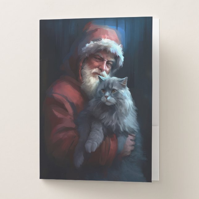 Russian Blue Cat Santa Claus Festive Christmas Pocket Folder (Front)