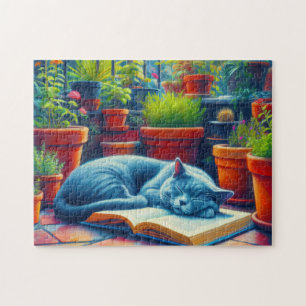 Russian Blue Cat Sleeping on a Book Painting Jigsaw Puzzle
