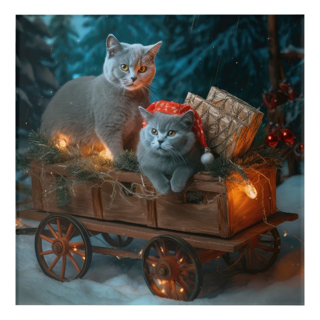 Russian Blue Cat Snowy Sleigh Christmas Decor (Front)