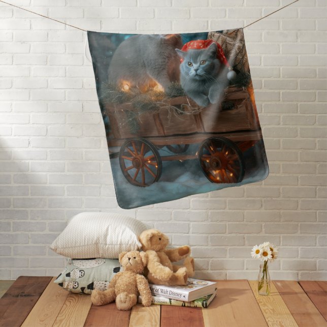 Russian Blue Cat Snowy Sleigh Christmas Decor Baby Blanket (In Situ)
