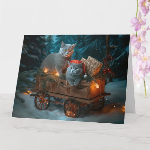 Russian Blue Cat Snowy Sleigh Christmas Decor Card