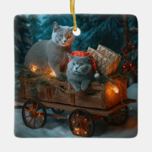 Russian Blue Cat Snowy Sleigh Christmas Decor Ceramic Ornament