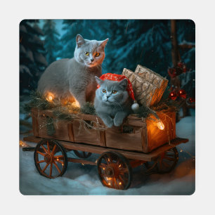 Russian Blue Cat Snowy Sleigh Christmas Decor Coaster Set