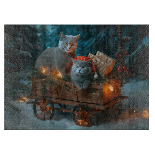 Russian Blue Cat Snowy Sleigh Christmas Decor Cutting Board