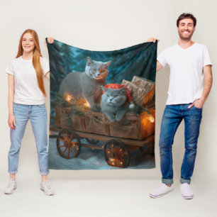 Russian Blue Cat Snowy Sleigh Christmas Decor Fleece Blanket