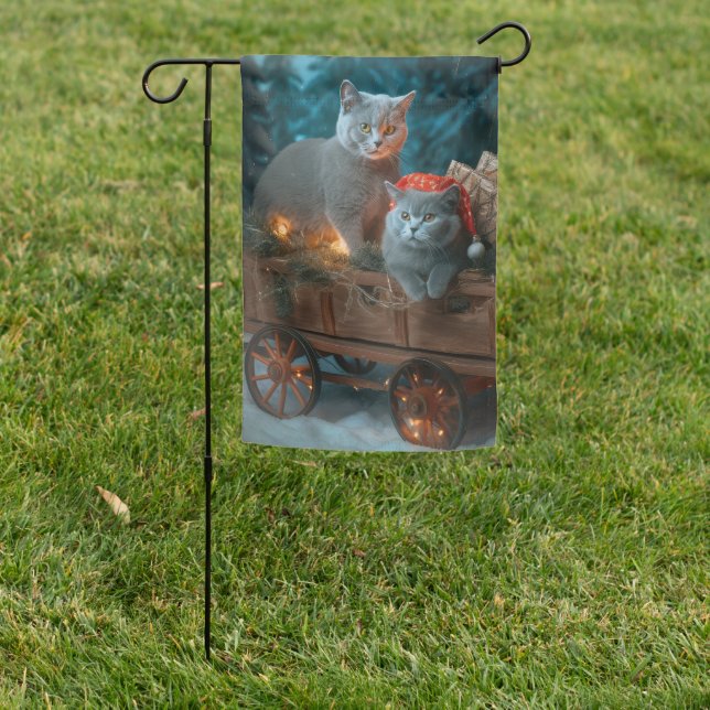 Russian Blue Cat Snowy Sleigh Christmas Decor Garden Flag (In SItu)