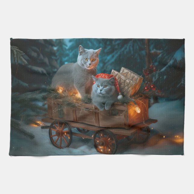 Russian Blue Cat Snowy Sleigh Christmas Decor Kitchen Towel (Horizontal)