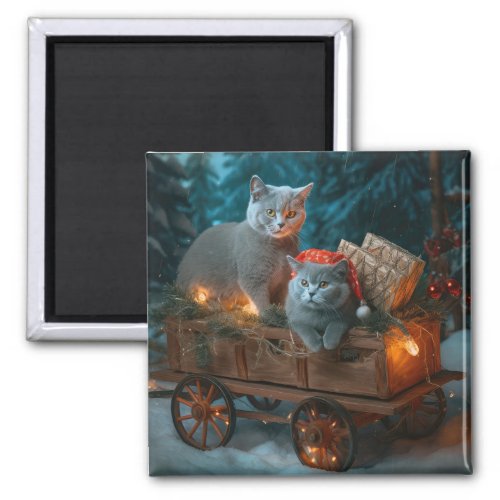 Russian Blue Cat Snowy Sleigh Christmas Decor Magnet