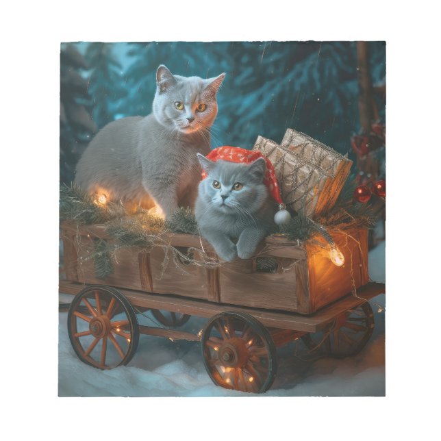 Russian Blue Cat Snowy Sleigh Christmas Decor Notepad (Front)