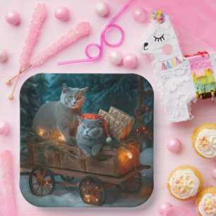 Russian Blue Cat Snowy Sleigh Christmas Decor Paper Plates