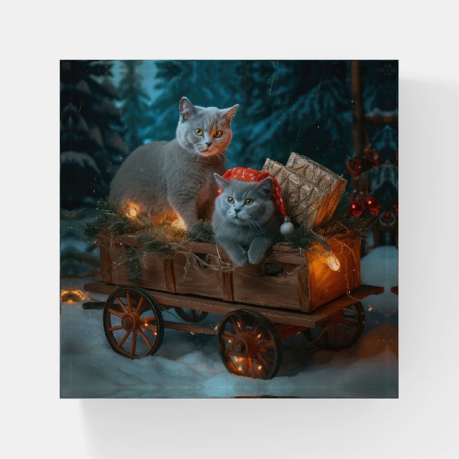 Russian Blue Cat Snowy Sleigh Christmas Decor Paperweight (Front)