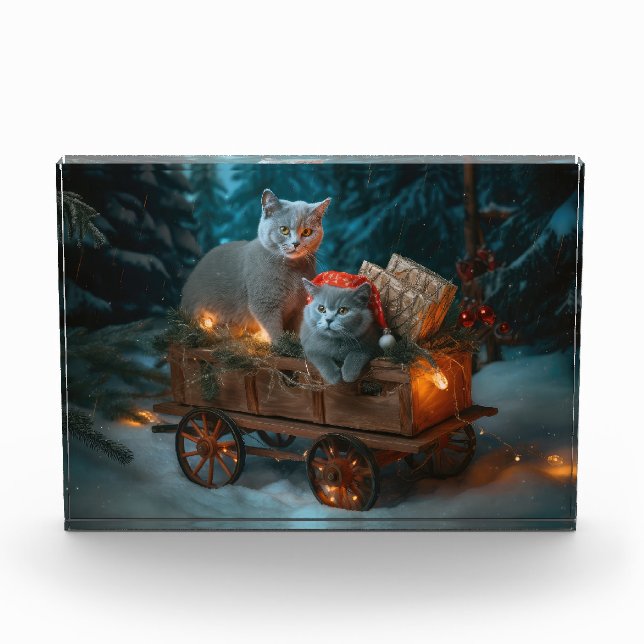 Russian Blue Cat Snowy Sleigh Christmas Decor Photo Block (Front)
