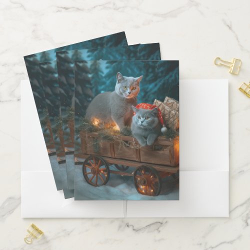 Russian Blue Cat Snowy Sleigh Christmas Decor Pocket Folder