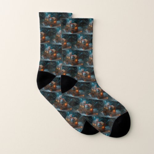 Russian Blue Cat Snowy Sleigh Christmas Decor Socks