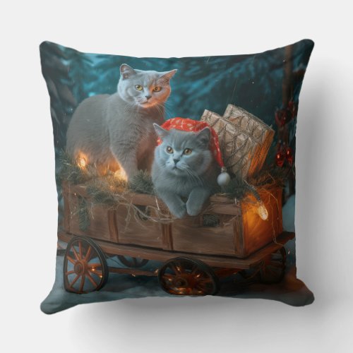 Russian Blue Cat Snowy Sleigh Christmas Decor Throw Pillow
