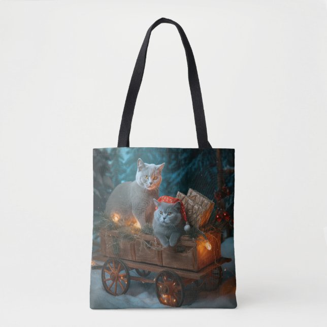 Russian Blue Cat Snowy Sleigh Christmas Decor Tote Bag (Front)