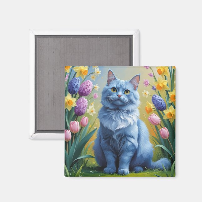 Russian Blue Cat Spring Flowers Painting  Magnet (Front/Back)