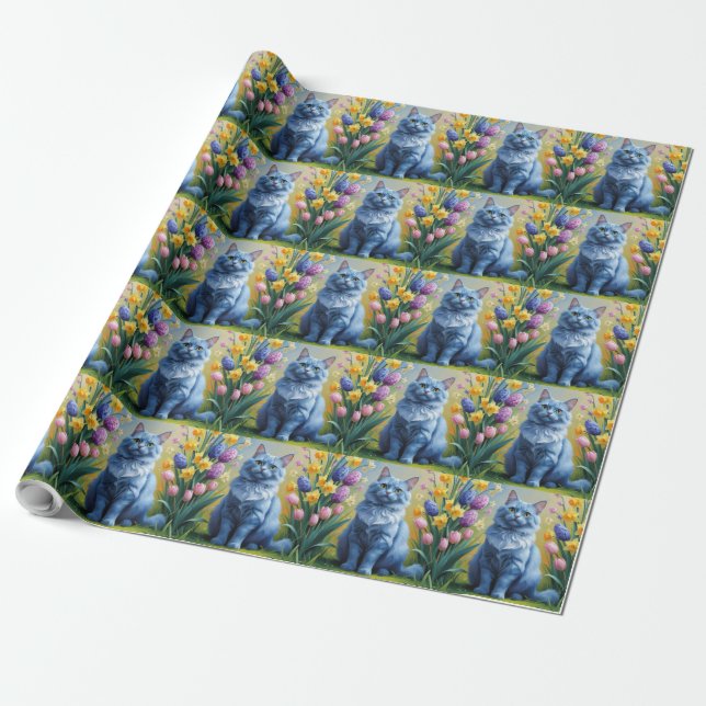Russian Blue Cat Spring Flowers Painting  Wrapping Paper (Unrolled)