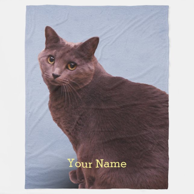 Russian Blue Cat Staring Fleece Blanket (Front)