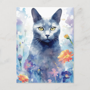 Russian Blue Cat watercolor art Postcard