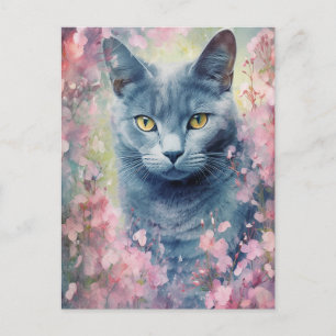 Russian Blue Cat watercolor flowers Postcard