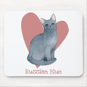 Russian Blue Cat Watercolor Kitty Pink Heart Mouse Pad