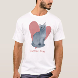 Russian Blue Cat Watercolor Kitty Pink Heart T-Shirt