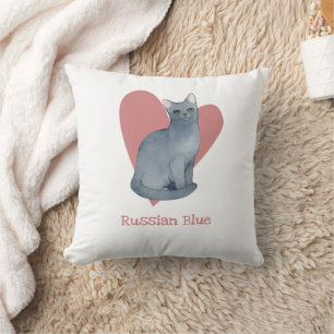 Russian Blue Cat Watercolor Kitty Pink Heart Throw Pillow