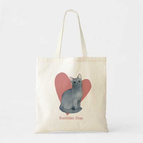 Russian Blue Cat Watercolor Kitty Pink Heart Tote Bag