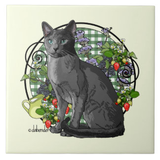 Russian Blue Cat with Berries Ceramic Tile