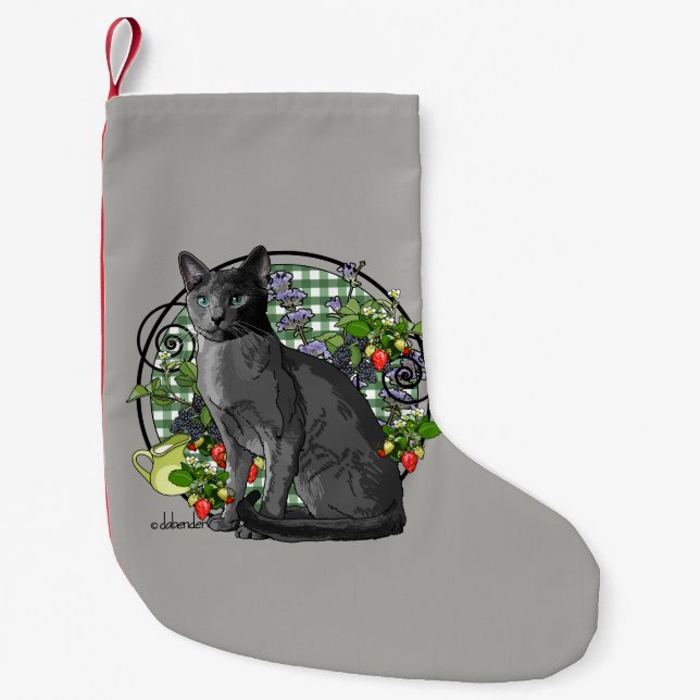 Russian Blue Cat with Berries Small Christmas Stocking (Front)
