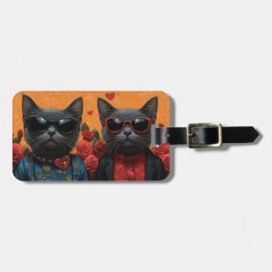 Russian Blue Cat with Heart Roses Valentine's Day Luggage Tag
