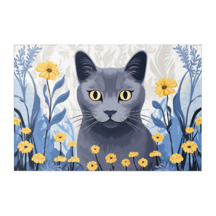 Russian Blue Cat Yellow Flowers Acrylic Print