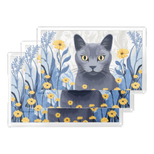 Russian Blue Cat Yellow Flowers Acrylic Tray