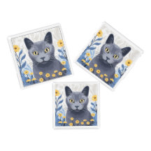 Russian Blue Cat Yellow Flowers