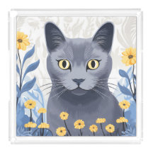 Russian Blue Cat Yellow Flowers