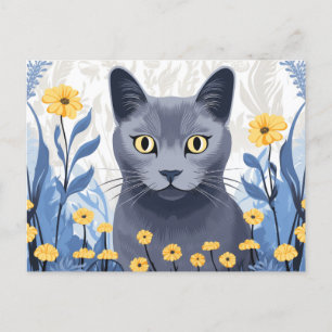 Russian Blue Cat Yellow Flowers Announcement Postcard