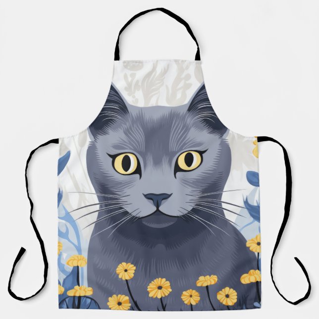 Russian Blue Cat Yellow Flowers Apron (Front)