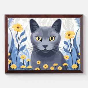 Russian Blue Cat Yellow Flowers Award Plaque