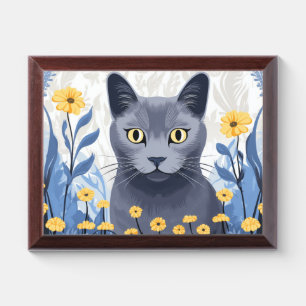 Russian Blue Cat Yellow Flowers Award Plaque