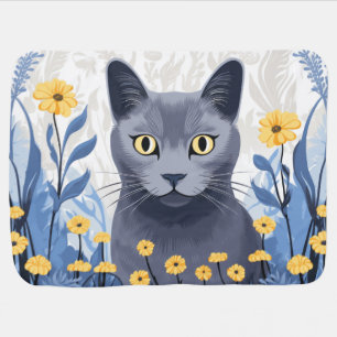 Russian Blue Cat Yellow Flowers Baby Blanket