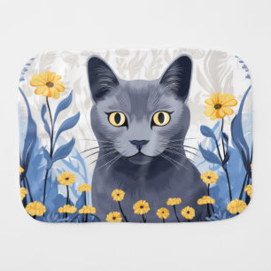 Russian Blue Cat Yellow Flowers Baby Burp Cloth