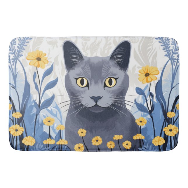 Russian Blue Cat Yellow Flowers Bath Mat (Front)