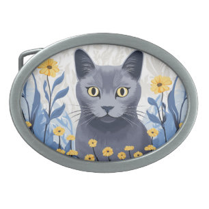 Russian Blue Cat Yellow Flowers Belt Buckle