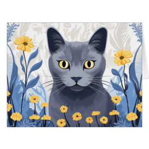 Russian Blue Cat Yellow Flowers Big Card