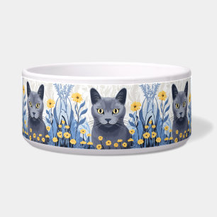 Russian Blue Cat Yellow Flowers Bowl