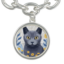 Russian Blue Cat Yellow Flowers