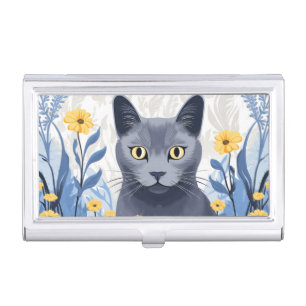 Russian Blue Cat Yellow Flowers Business Card Case