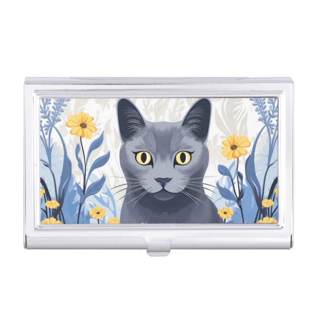 Russian Blue Cat Yellow Flowers Business Card Case (Front)