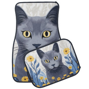 Russian Blue Cat Yellow Flowers Car Floor Mat